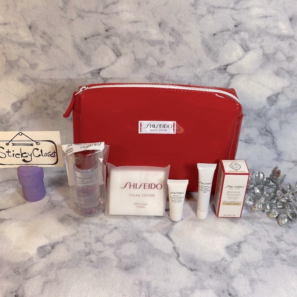 SHISEIDO Skincare Set-Glossy Red Pouch,Eye Cream,Serum & Facial Cotton-5pc-NEW